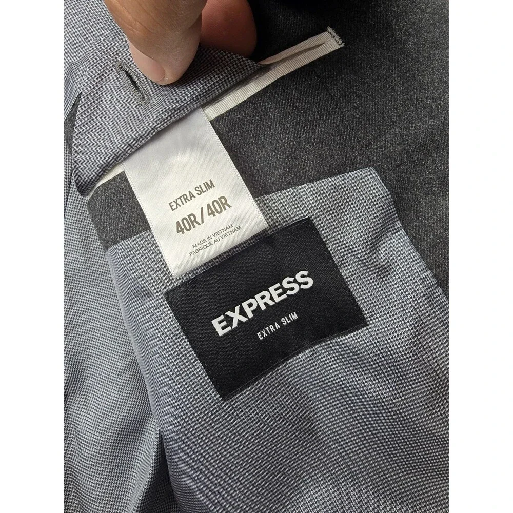 Express Men's Formal Gray Solid Blazer — Size 40R, 2-Button with Pockets.